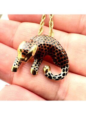 Womens Necklace 14K Gold Enamel Spotted Leopard Cougar Pendant Cheetah Cat
